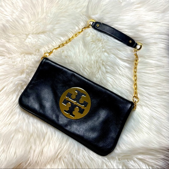 Tory Burch Handbags - Tory Burch Soft Butter Leather Black/Gold Reva Clutch Shoulder Purse Size OS EUC